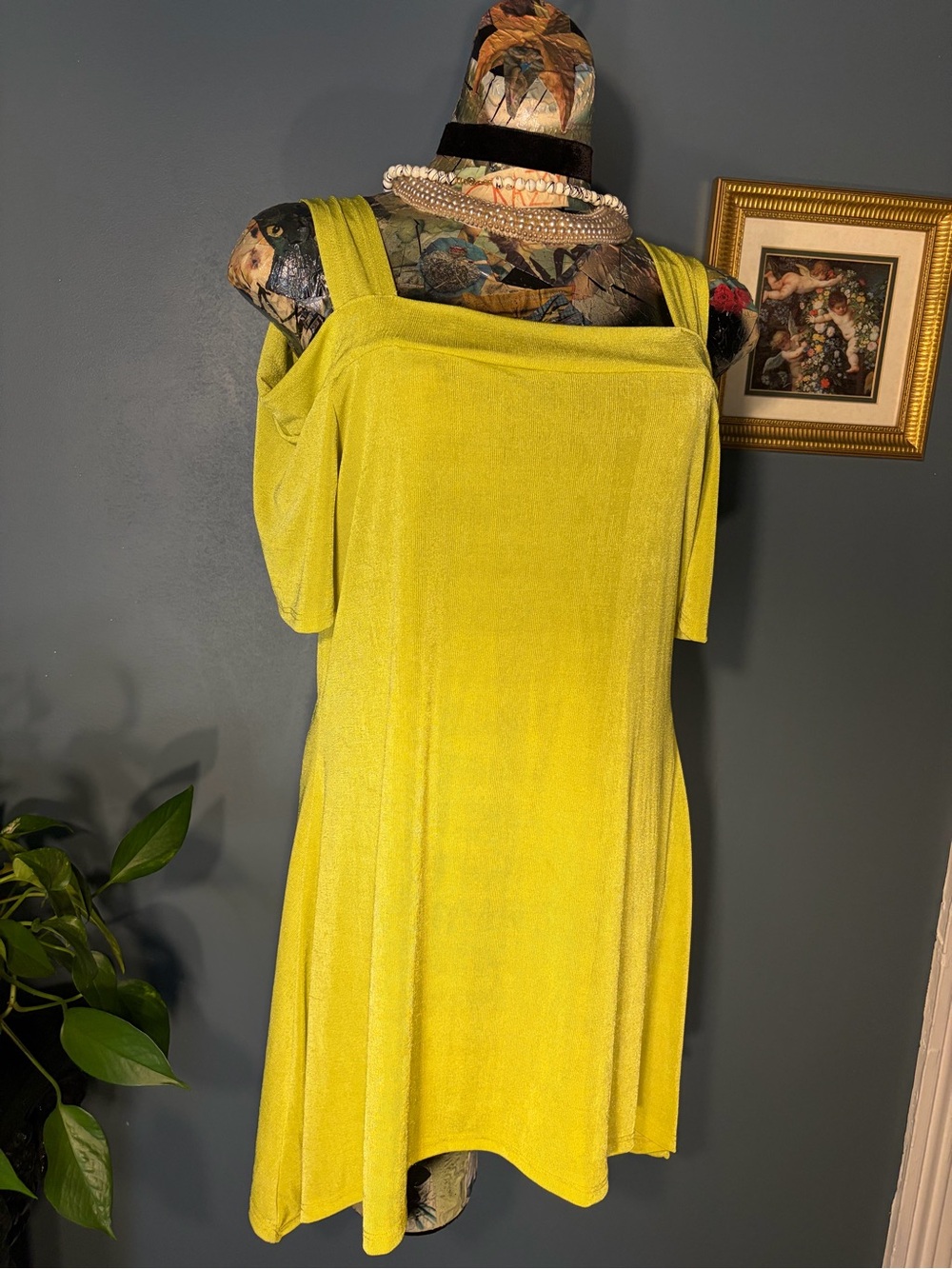 Maxima neon green cold shoulder slinky flowy tunic top